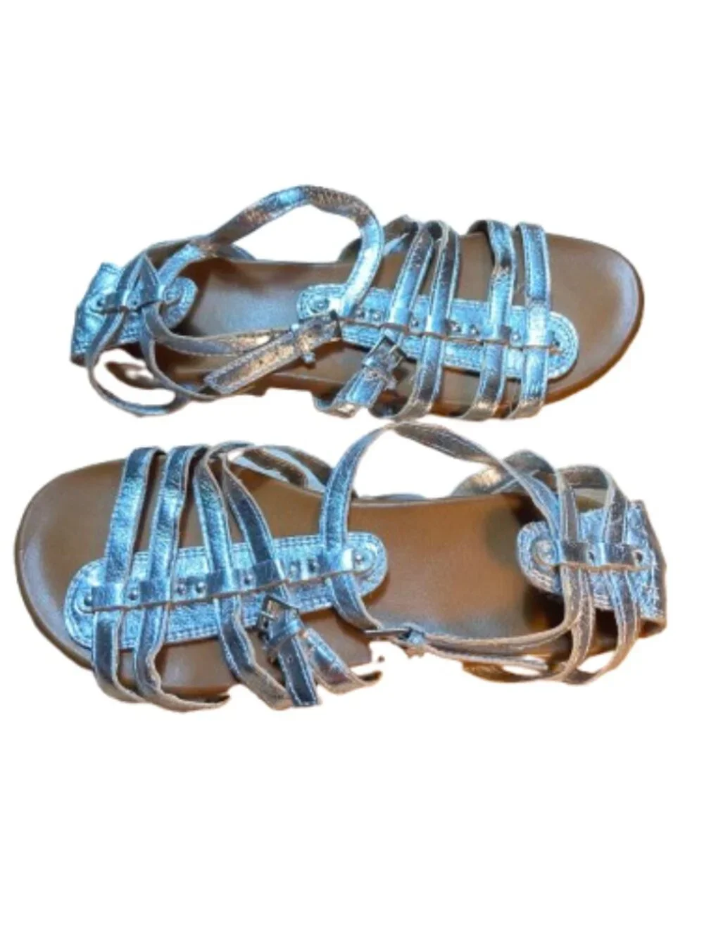 Route 66 Silver Metallic Gladiator Sandals Flat Strappy Chic Boho Fun size 7